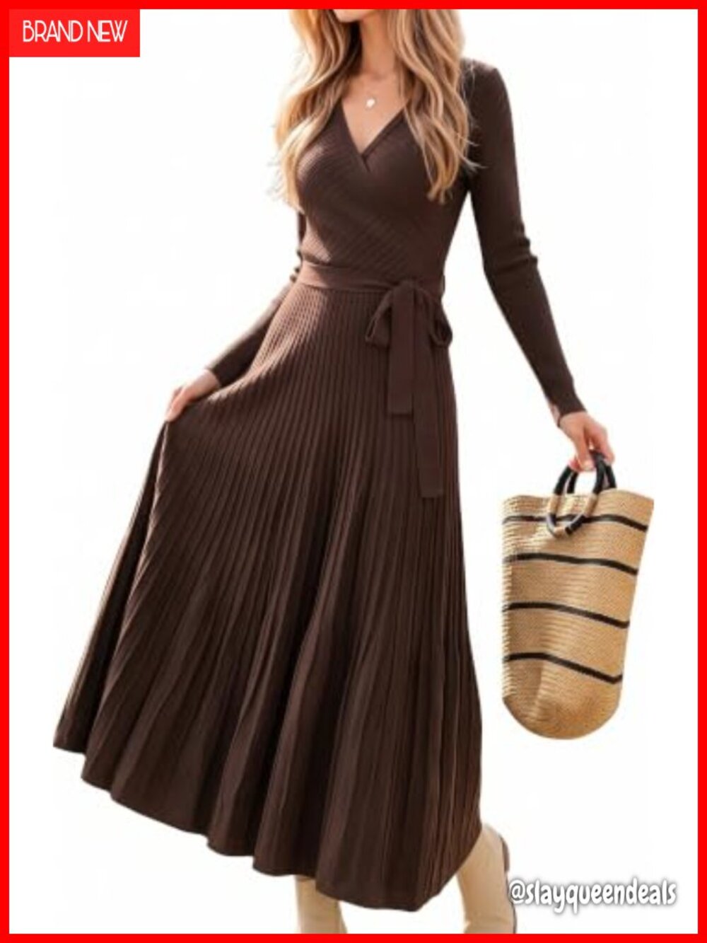 Ribbed Knit Tie Waist Pleated Midi Sweater Dress Long Sleeve Fall Winter